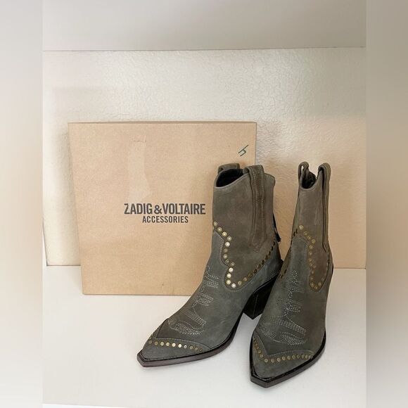 Zadig & Voltaire Cara pointed suede boots in khaki size FR 40/US 9 NEW $798 - Picture 11 of 14